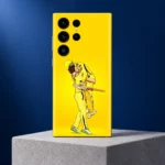 Yellow MS Dhoni celebration mobile skin showing two cricket players embracing, concrete studio portrait