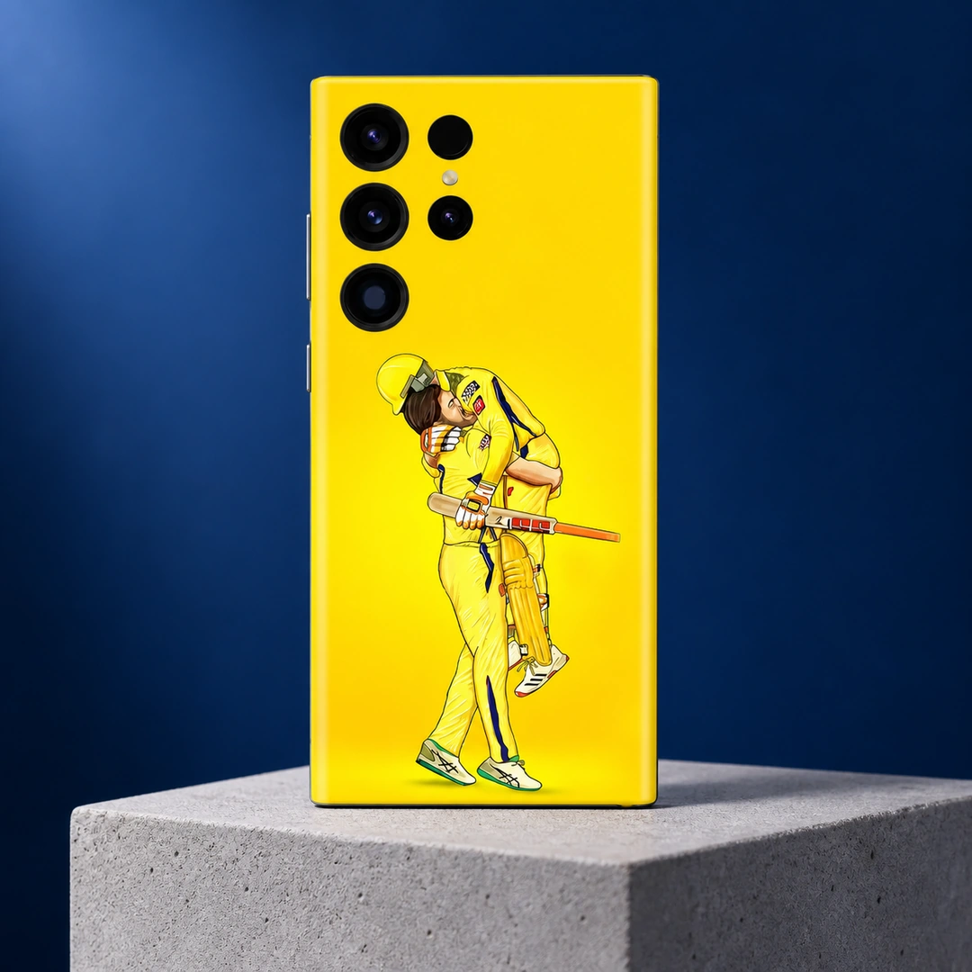 MS Dhoni Yellow Celebration Mobile Skin - Concrete studio portrait Yellow MS Dhoni celebration mobile skin showing two cricket players embracing, concrete studio portrait