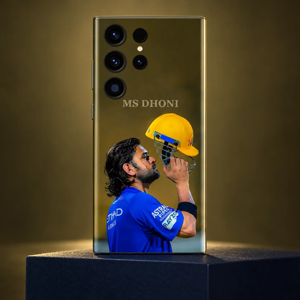 MS Dhoni photo mobile skin with blue jersey and yellow helmet, navy pedestal hero