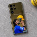 MS Dhoni photo mobile skin with blue jersey and yellow helmet, grey stone flat lay