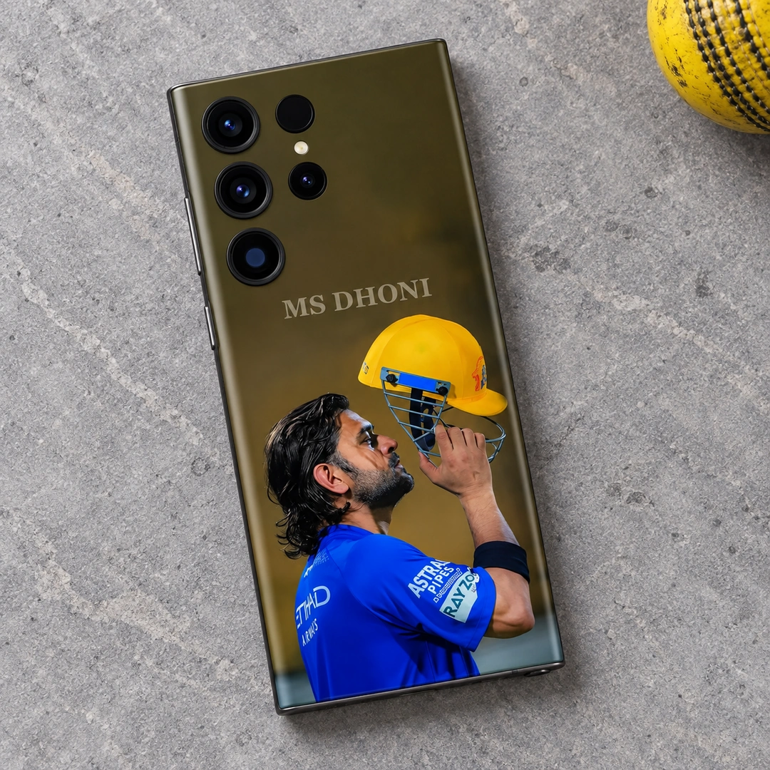 MS Dhoni Yellow Helmet Photo Mobile Skin - grey stone flat lay MS Dhoni photo mobile skin with blue jersey and yellow helmet, grey stone flat lay