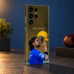 MS Dhoni photo mobile skin with blue jersey and yellow helmet, blue studio rear angle