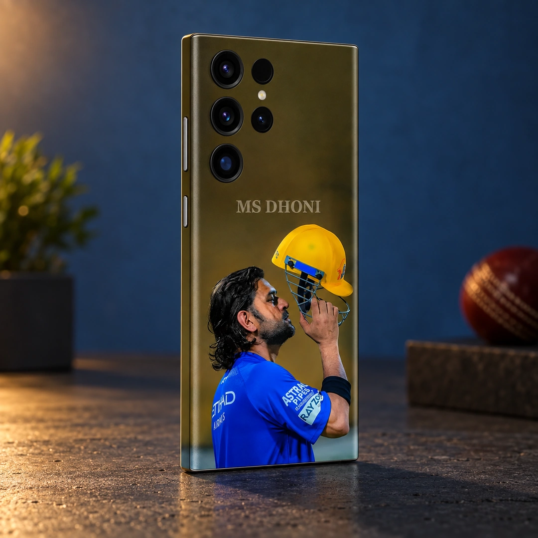 MS Dhoni Yellow Helmet Photo Mobile Skin - blue studio rear angle MS Dhoni photo mobile skin with blue jersey and yellow helmet, blue studio rear angle