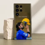 MS Dhoni photo mobile skin with blue jersey and yellow helmet, limestone studio display