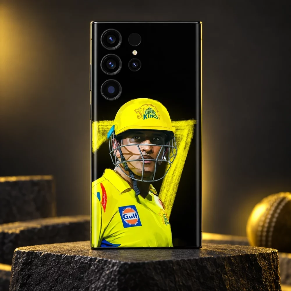 MS Dhoni phone skin with yellow helmet portrait and number 7 on black, golden studio hero