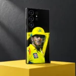 MS Dhoni phone skin with yellow helmet portrait and number 7 on black, yellow block studio angle