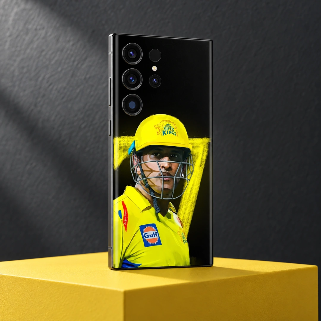 MS Dhoni Yellow Helmet Photo Mobile Skin – Yellow block studio angle MS Dhoni phone skin with yellow helmet portrait and number 7 on black, yellow block studio angle