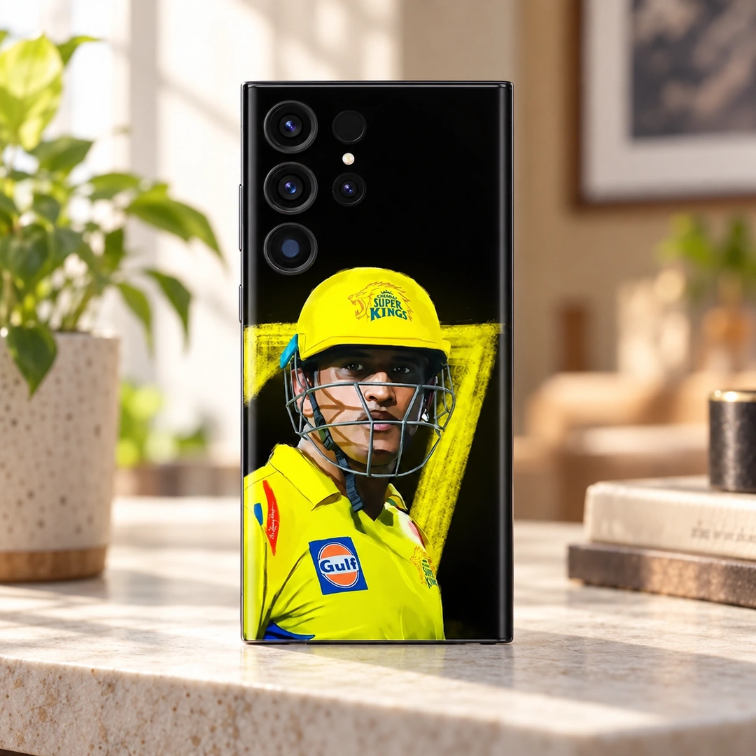 MS Dhoni Yellow Helmet Photo Mobile Skin – Daylight stone shelf MS Dhoni phone skin with yellow helmet portrait and number 7 on black, daylight stone shelf