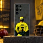 MS Dhoni photo mobile skin with yellow number 7 jersey, cinematic cricket studio hero