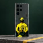 MS Dhoni photo mobile skin with yellow number 7 jersey, minimal green studio detail