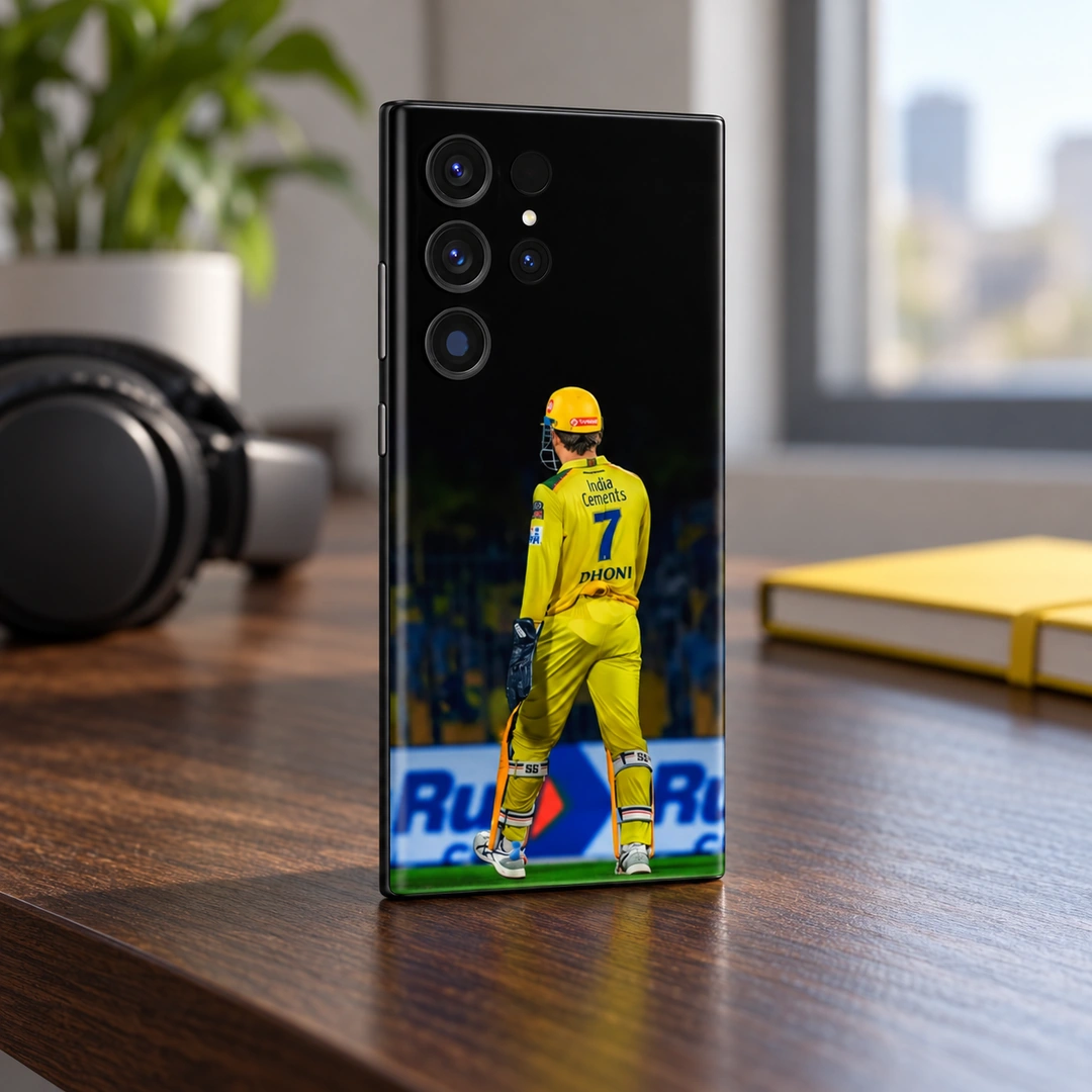 MS Dhoni Yellow Jersey Photo Mobile Skin - Walnut Desk Angle MS Dhoni yellow jersey photo mobile skin - walnut desk angle