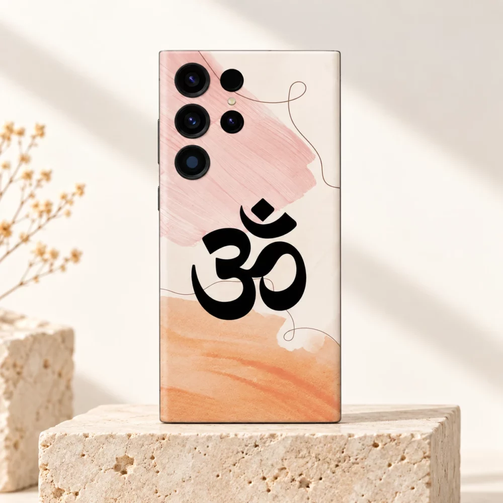 Om Mahadev Pastel Watercolour Mobile Skin upright on ivory travertine