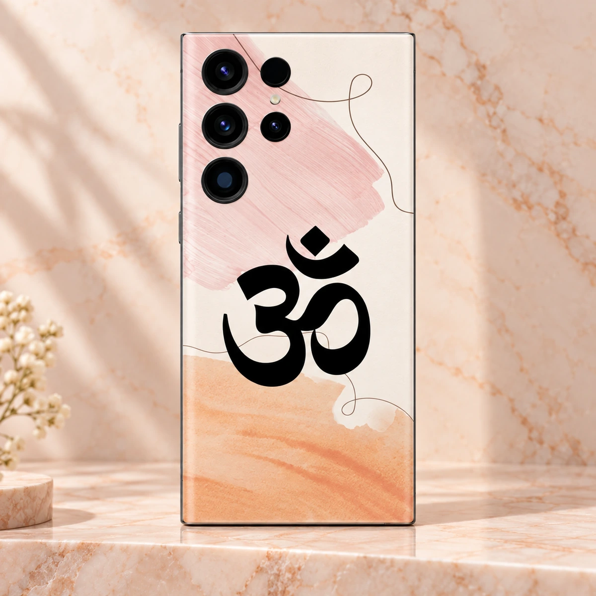 Om Mahadev Pastel Watercolour Mobile Skin - Om detail Close view of black Om symbol pink brushstrokes and peach watercolour on mobile skin