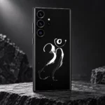 White Om calligraphy phone skin angled on graphite stone in a monochrome studio