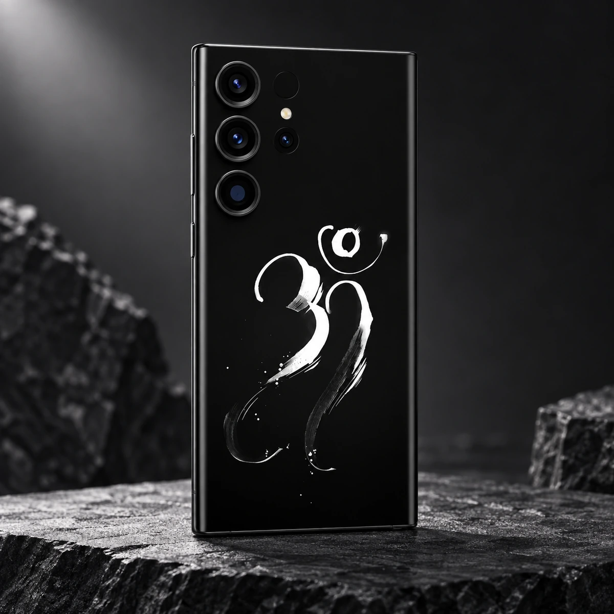 Om Mahadev White Calligraphy Mobile Skin - Graphite studio White Om calligraphy phone skin angled on graphite stone in a monochrome studio