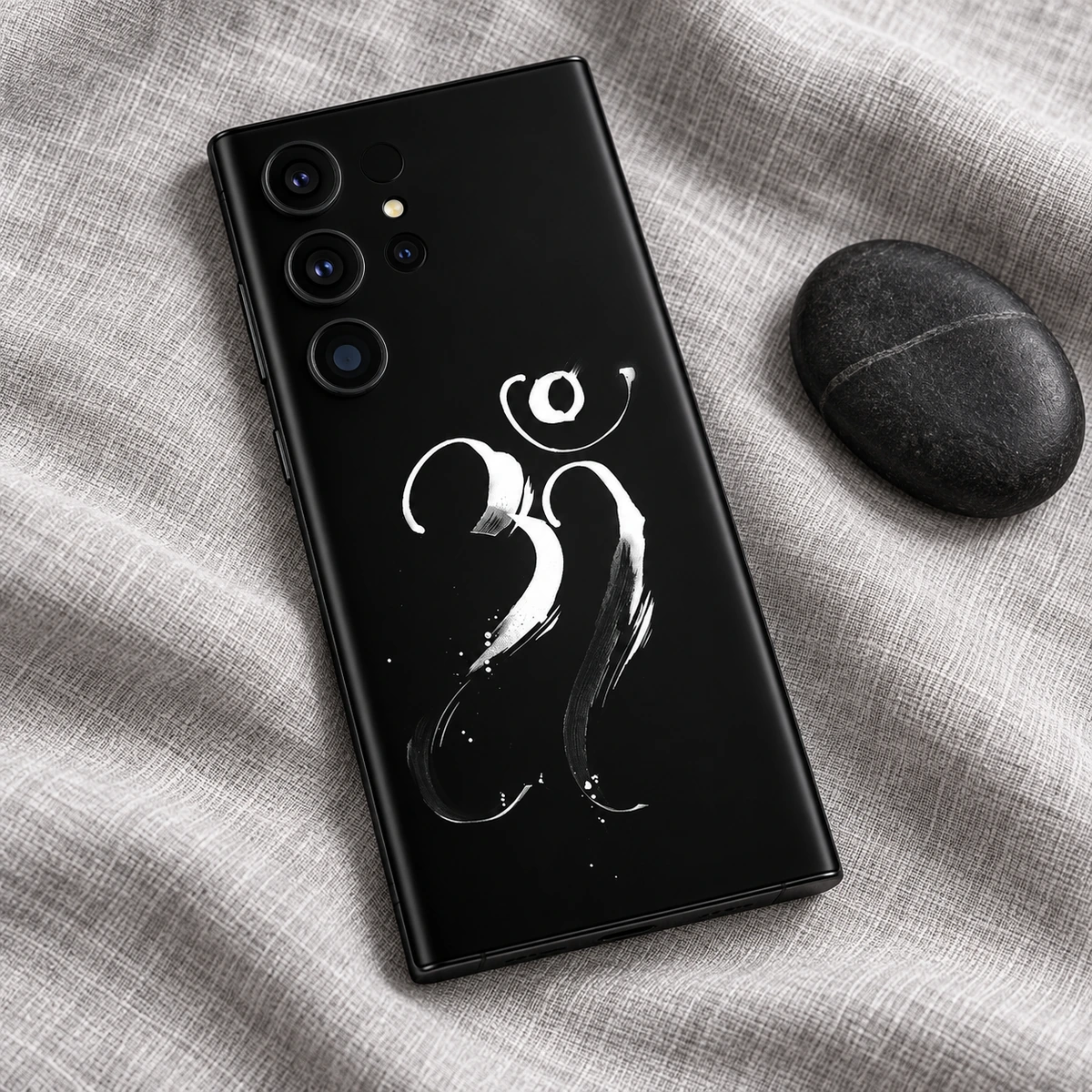 Om Mahadev White Calligraphy Mobile Skin - Linen flatlay Om Mahadev white brush calligraphy mobile skin flat lay on grey linen