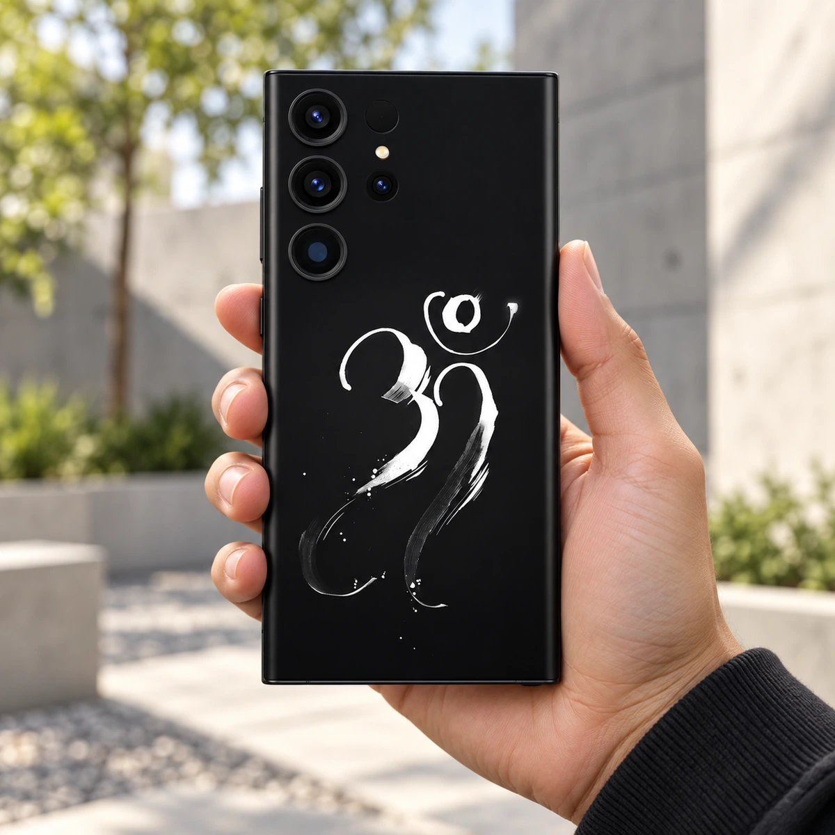Om Mahadev White Calligraphy Mobile Skin - Urban handheld Black Om Mahadev calligraphy phone skin held in hand in a modern courtyard