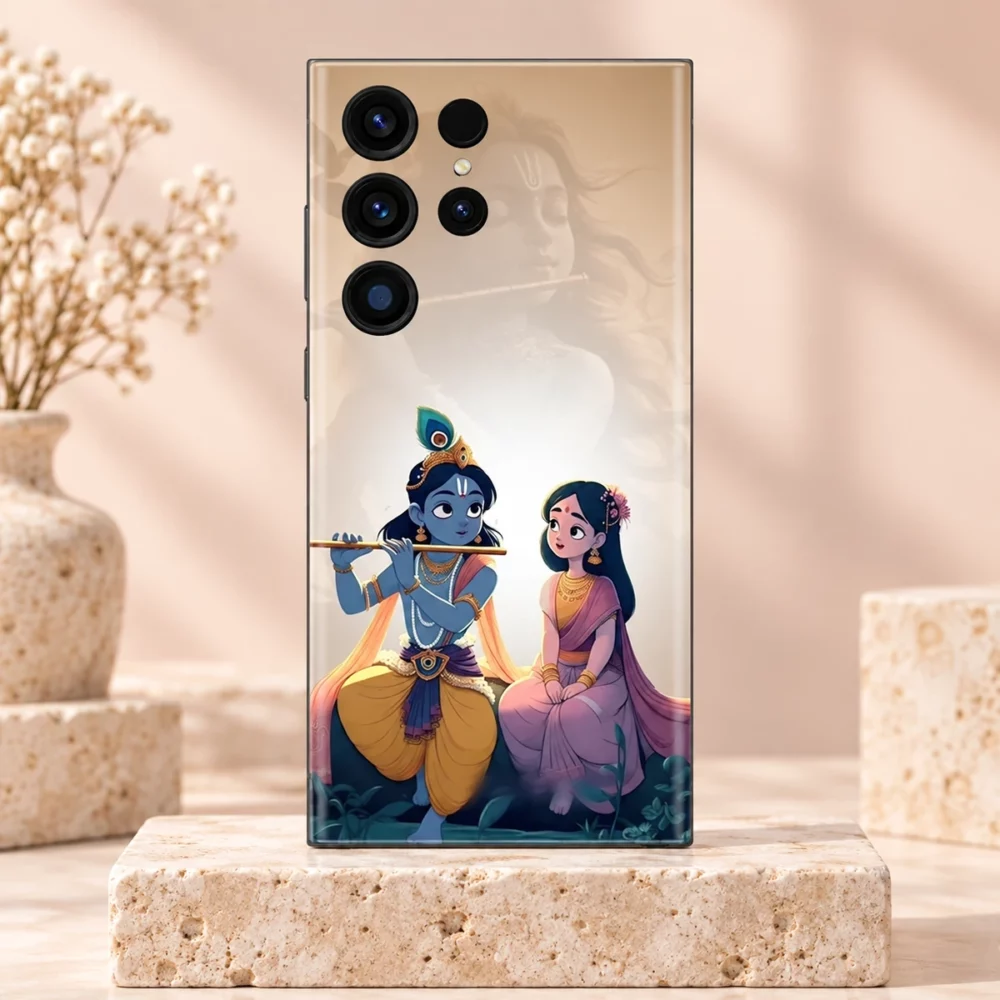 Radhe Krishna mobile skin with cute flute illustration on cream - ivory hero