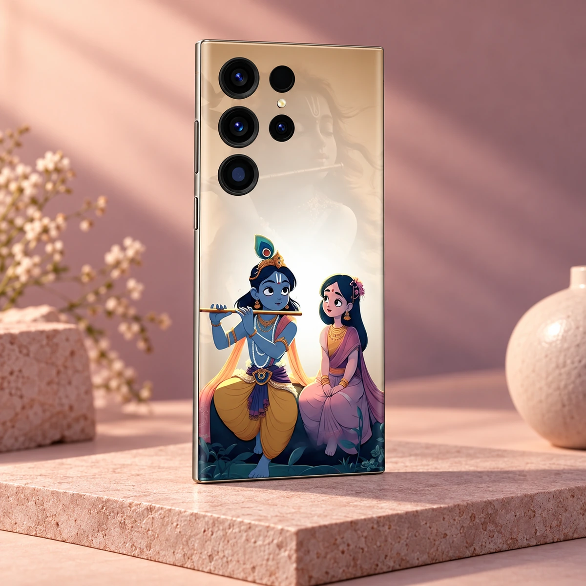 Radhe Krishna Cute Mobile Skin - Blush studio Radhe Krishna mobile skin with cute flute illustration on cream - blush studio