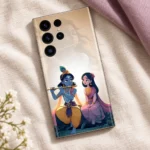 Radhe Krishna mobile skin with cute flute illustration on cream - linen flatlay