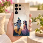 Radhe Krishna mobile skin with cute flute illustration on cream - in-hand lifestyle