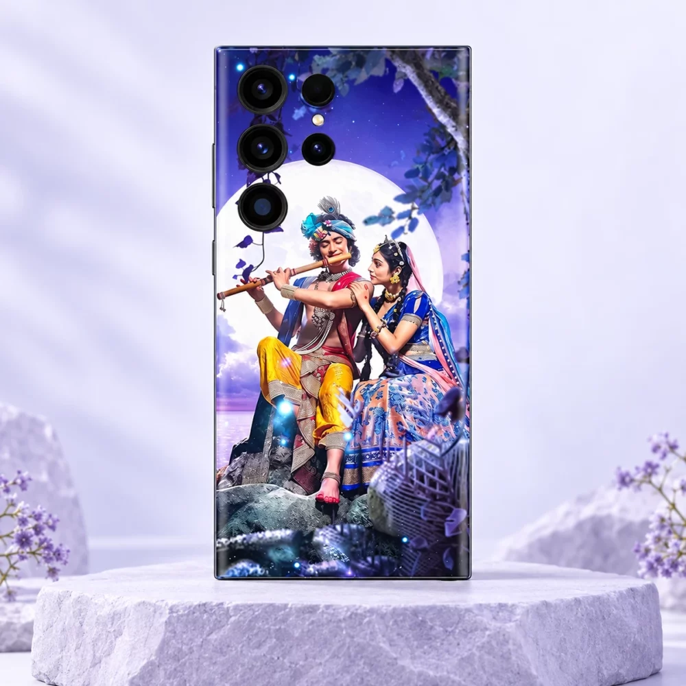 Radhe Krishna moonlight mobile skin with flute and full moon artwork on a lavender stone pedestal