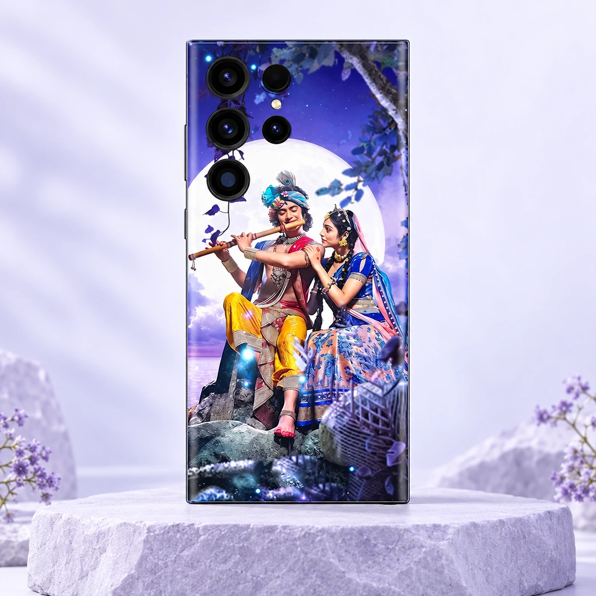 Radhe Krishna Moonlight Mobile Skin - Lavender stone hero Radhe Krishna moonlight mobile skin with flute and full moon artwork on a lavender stone pedestal