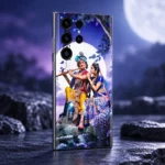 Angled view of Radhe Krishna mobile skin in a blue and purple moonlight studio setting