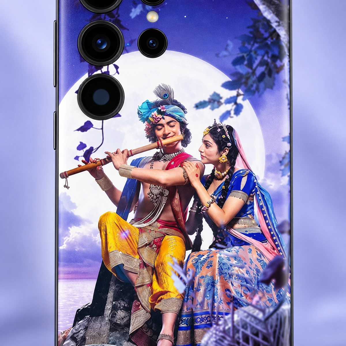 Radhe Krishna Moonlight Mobile Skin - Radha Krishna artwork detail Close-up of Radha and Krishna with flute and full moon printed on the mobile skin