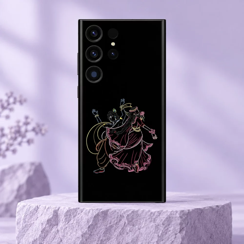 Black Radhe Krishna neon dance mobile skin with colourful line art on a lilac stone pedestal