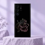 Black Radhe Krishna neon dance mobile skin with colourful line art on a lilac stone pedestal