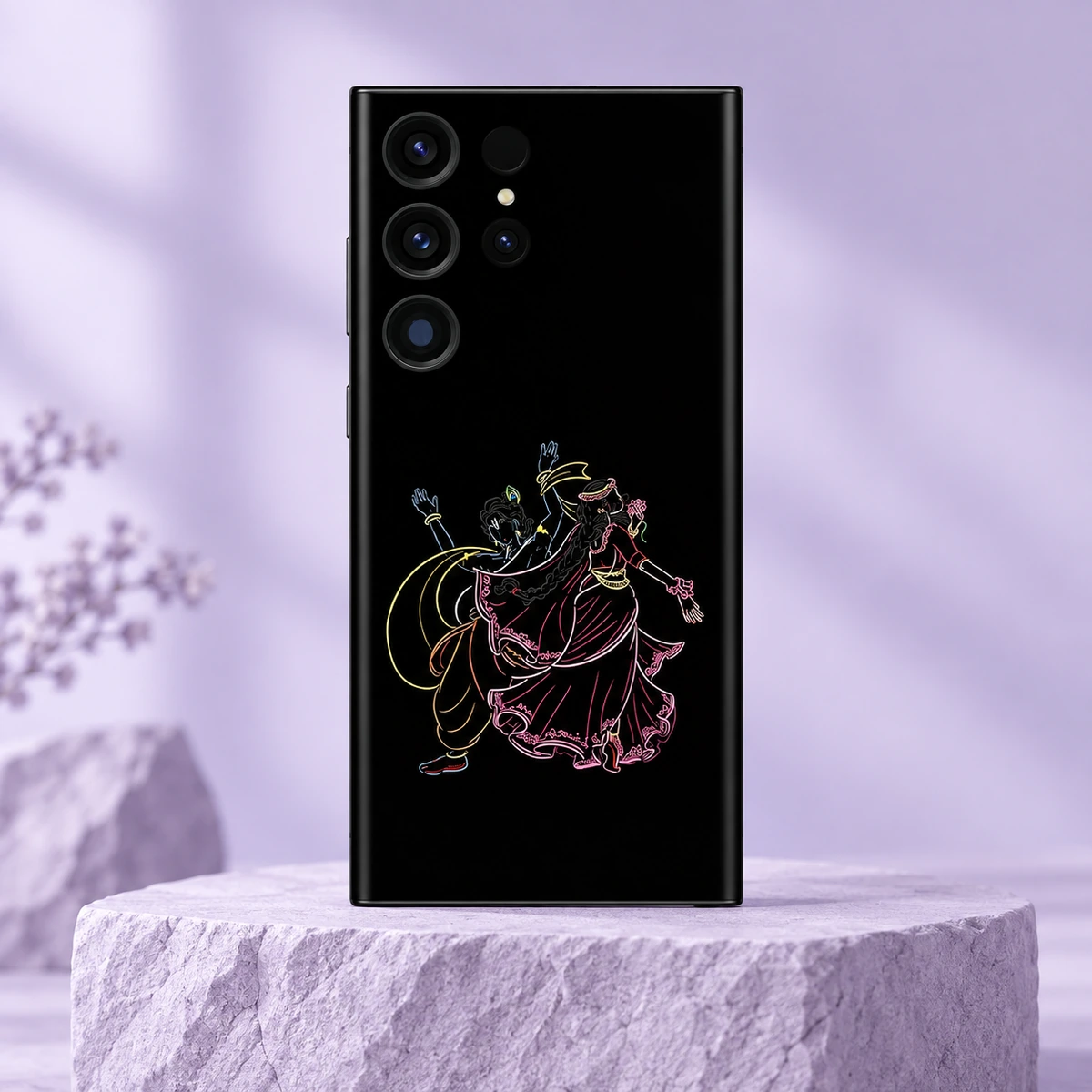 Radhe Krishna Neon Dance Mobile Skin - Hero Black Radhe Krishna neon dance mobile skin with colourful line art on a lilac stone pedestal