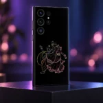 Radha Krishna dancing line art mobile skin in a violet and blue studio setting