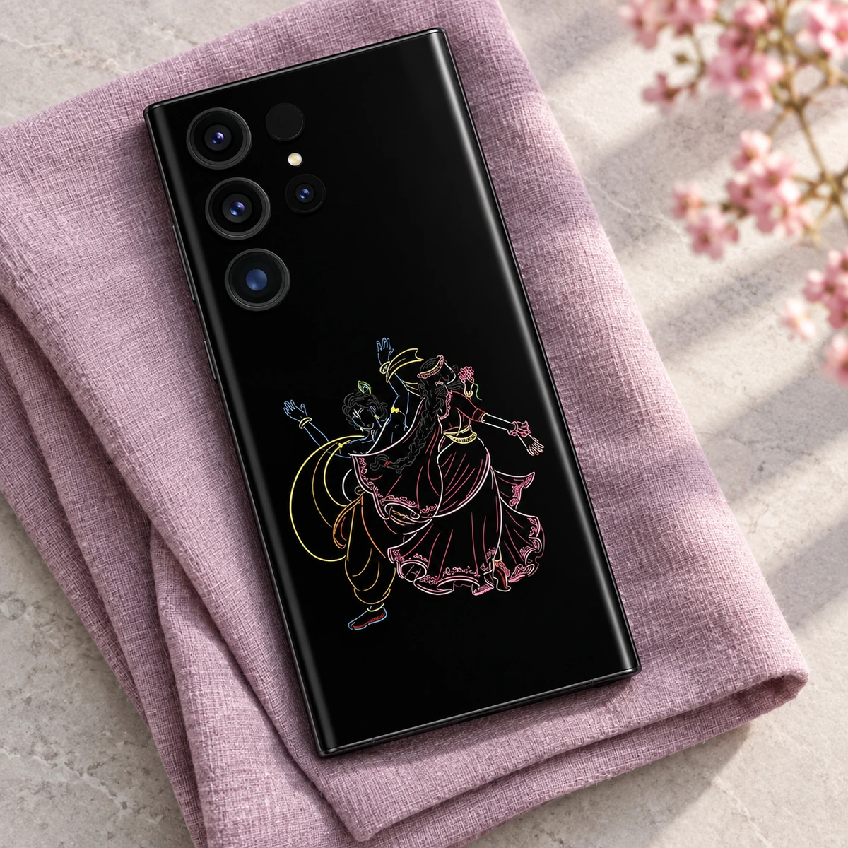 Radhe Krishna Neon Dance Mobile Skin - Lilac flatlay Radhe Krishna neon dance phone skin with pink yellow and blue outlines on lilac linen