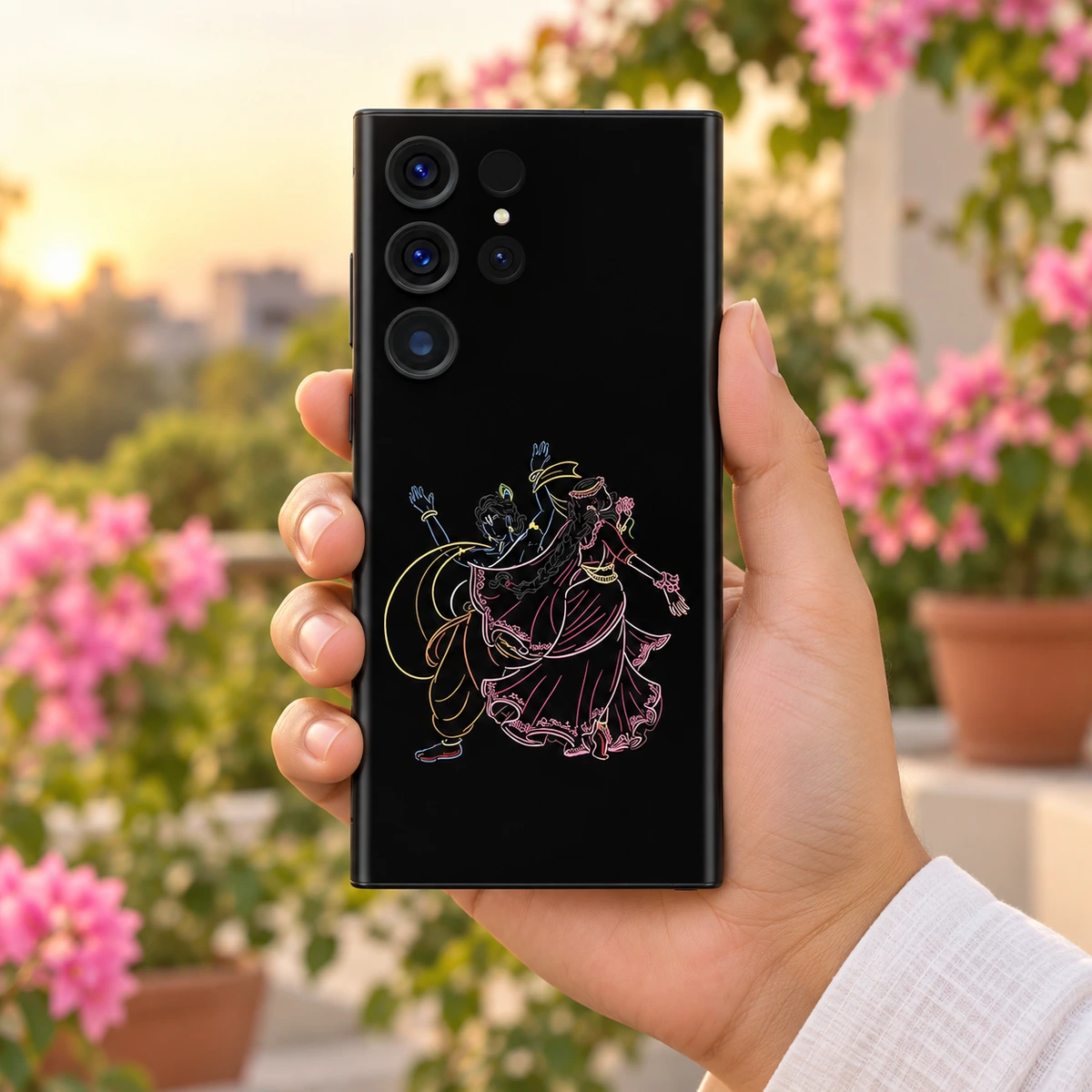 Radhe Krishna Neon Dance Mobile Skin - Garden handheld Handheld black Radhe Krishna dance mobile skin with colourful line art in a garden terrace