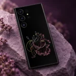 Detailed view of Radha Krishna dancing in fine pink yellow and blue outlines on black mobile skin