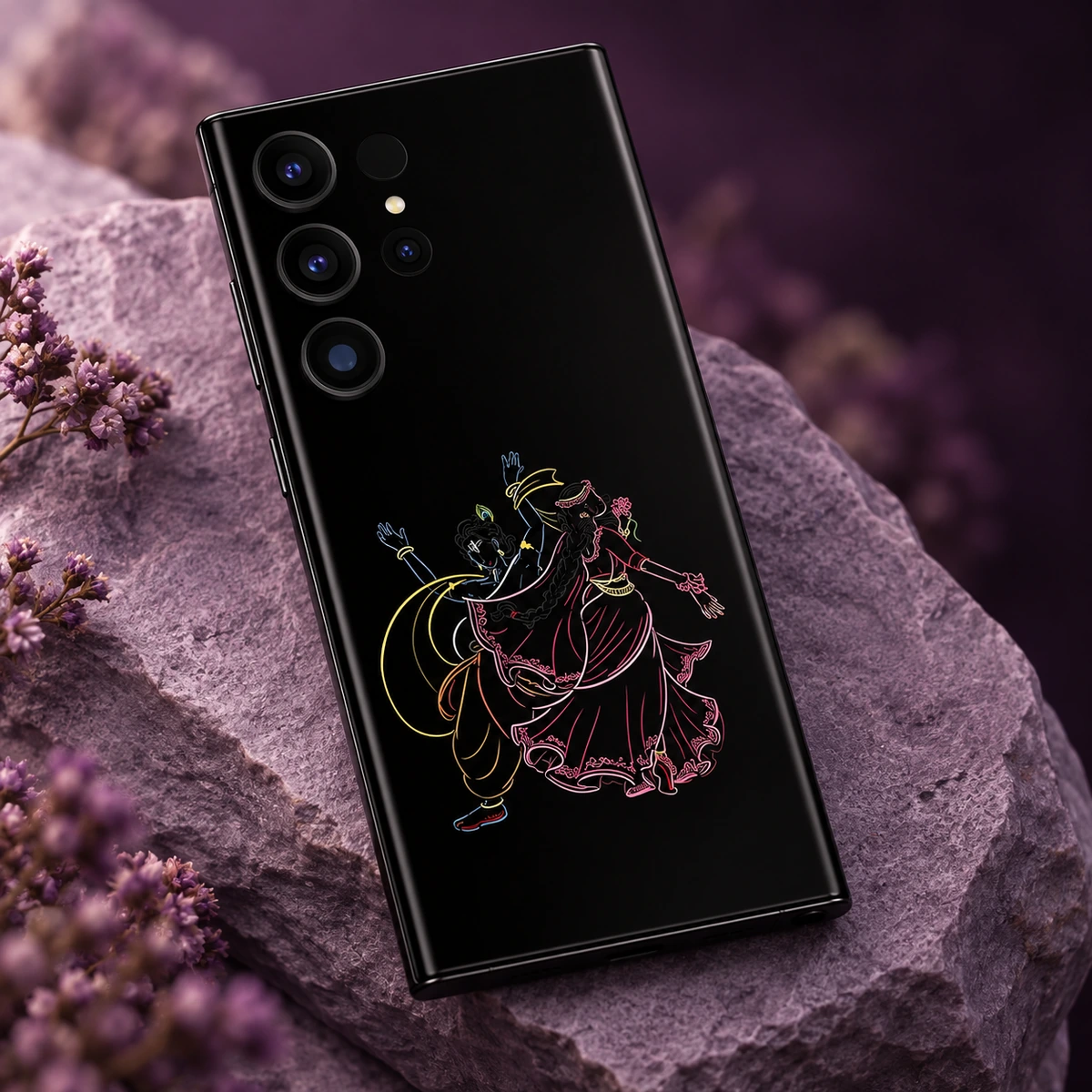 Radhe Krishna Neon Dance Mobile Skin - Line art detail Detailed view of Radha Krishna dancing in fine pink yellow and blue outlines on black mobile skin