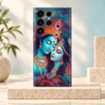 Radhe Krishna Painting mobile skin with teal portraits and gold jewellery - ivory hero