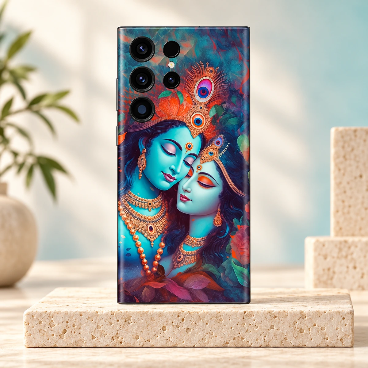 Radhe Krishna Teal Portrait Mobile Skin - Ivory hero Radhe Krishna Painting mobile skin with teal portraits and gold jewellery - ivory hero