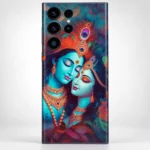 Radhe Krishna Painting mobile skin with teal portraits and gold jewellery - portrait detail