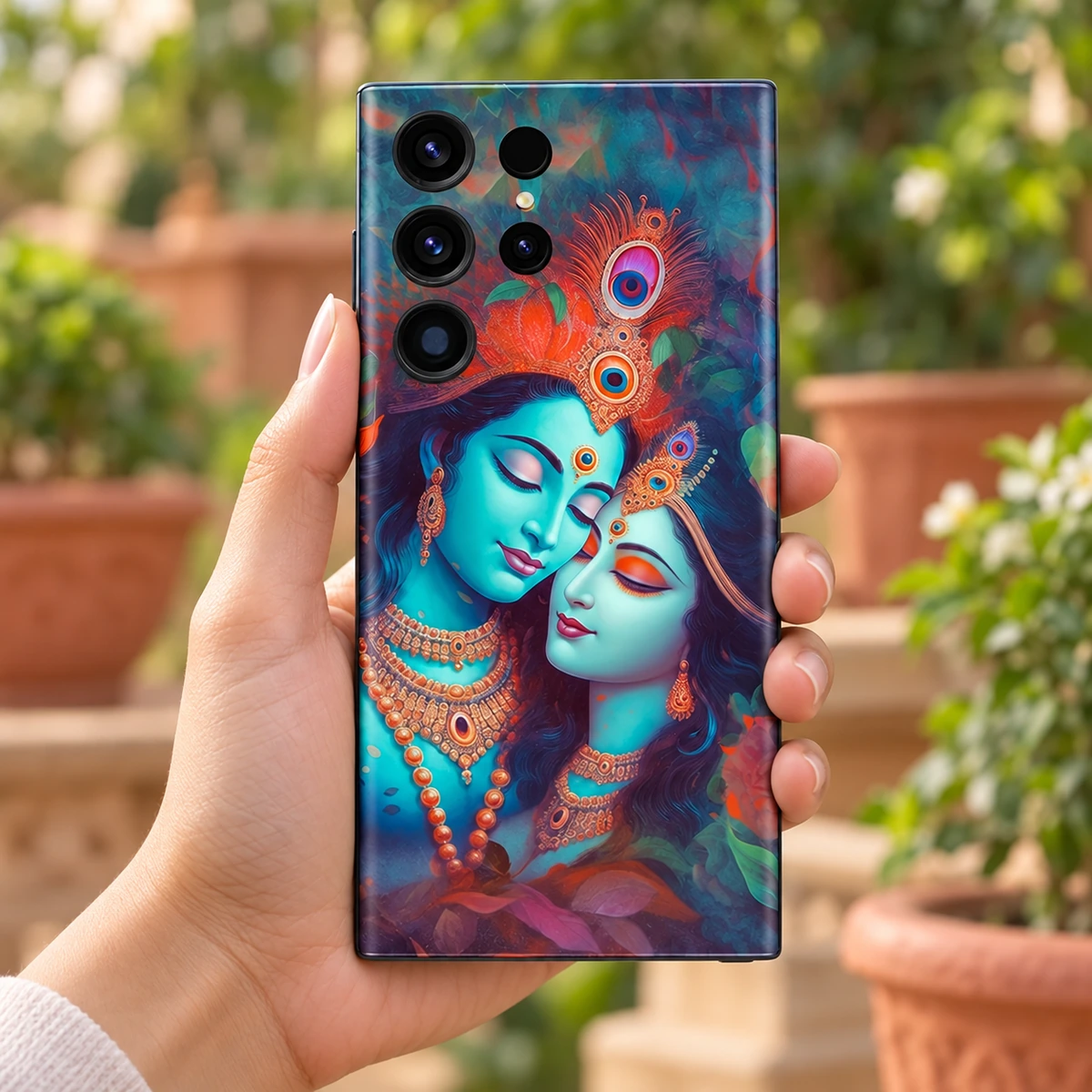 Radhe Krishna Teal Portrait Mobile Skin - Garden in-hand Radhe Krishna Painting mobile skin with teal portraits and gold jewellery - garden in-hand