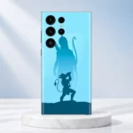Ram and Hanuman blue silhouette mobile skin displayed upright on a pale stone pedestal