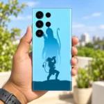 Ram Hanuman blue silhouette mobile skin held upright on a sunlit terrace