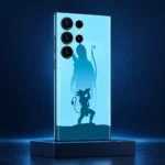Ram and Hanuman silhouettes on cyan mobile skin against a navy studio background