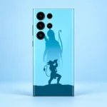Blue mobile skin with Lord Ram bow silhouette and Hanuman blowing a conch in a clean powder blue studio