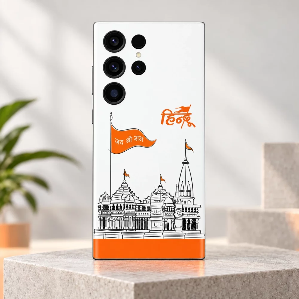 Ram Mandir mobile skin with black temple line art and saffron Jai Shri Ram flag on white, clean studio hero