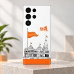 Ram Mandir mobile skin with black temple line art and saffron Jai Shri Ram flag on white, clean studio hero