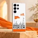 Ram Mandir mobile skin with black temple line art and saffron Jai Shri Ram flag on white, saffron studio angle