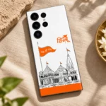 Ram Mandir mobile skin with black temple line art and saffron Jai Shri Ram flag on white, linen flat lay
