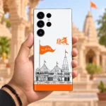 Ram Mandir mobile skin with black temple line art and saffron Jai Shri Ram flag on white, in-hand lifestyle